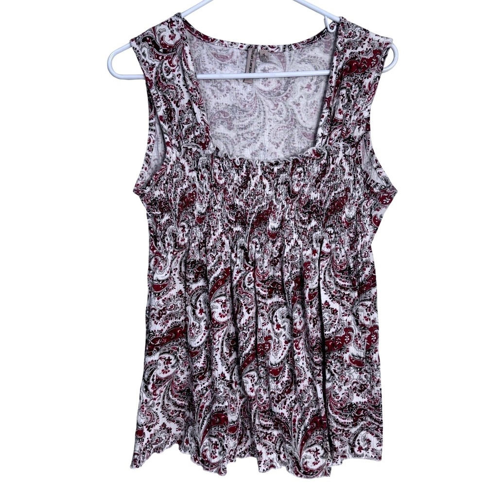 Paisley Peasant Smocked Waffle Knit Tank Top Boho Festival Susan Lawrence XL Red